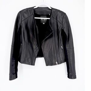 Veda Lamb Leather Jacket Womens Moto Fitted Black Collarless Zip Front Medium